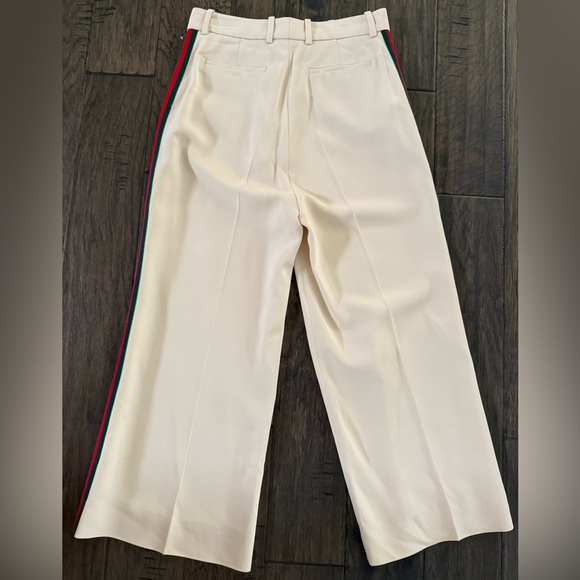 Gucci Beige Crepe Web Strip Detail Crop Wide Leg Pants Size IT 42 US 8 - Picture 4 of 7